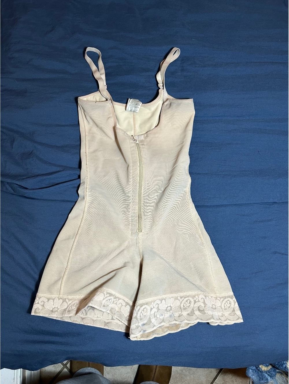 Diane Beige Shapewear Bodysuit with Lace Trim and Front Zipper Size M